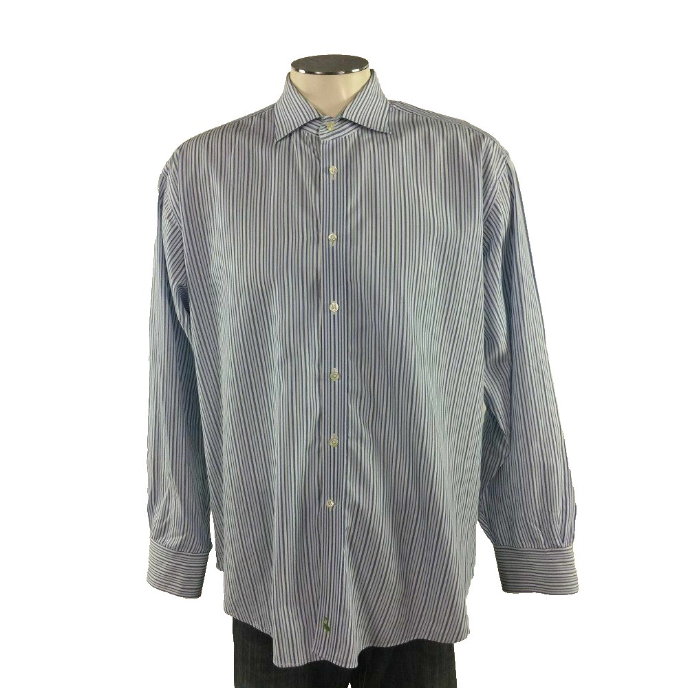 Tailorbyrd Button Front‎ Shirt XL Blue White Green Stripe Flip Cuffs Mens
